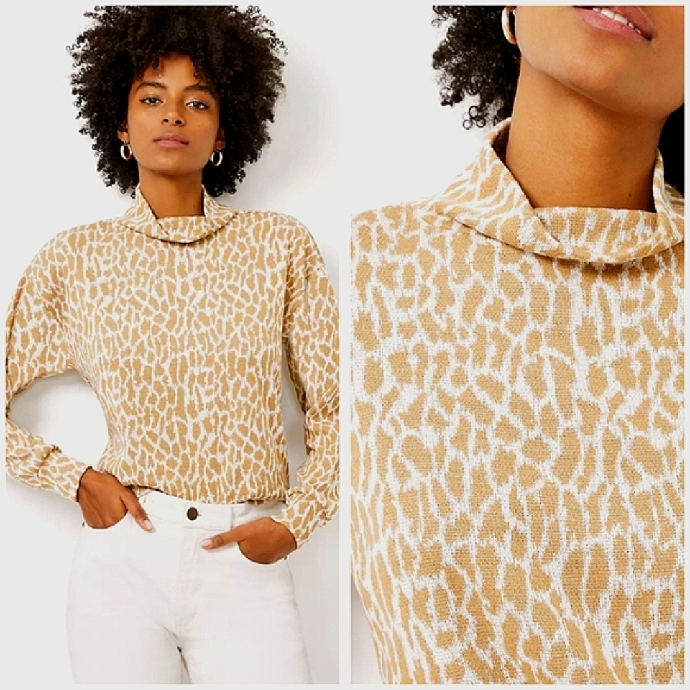 "LOFT" Animal Print XS Earthy Granola Girl Mock Neck Pullover Sweater